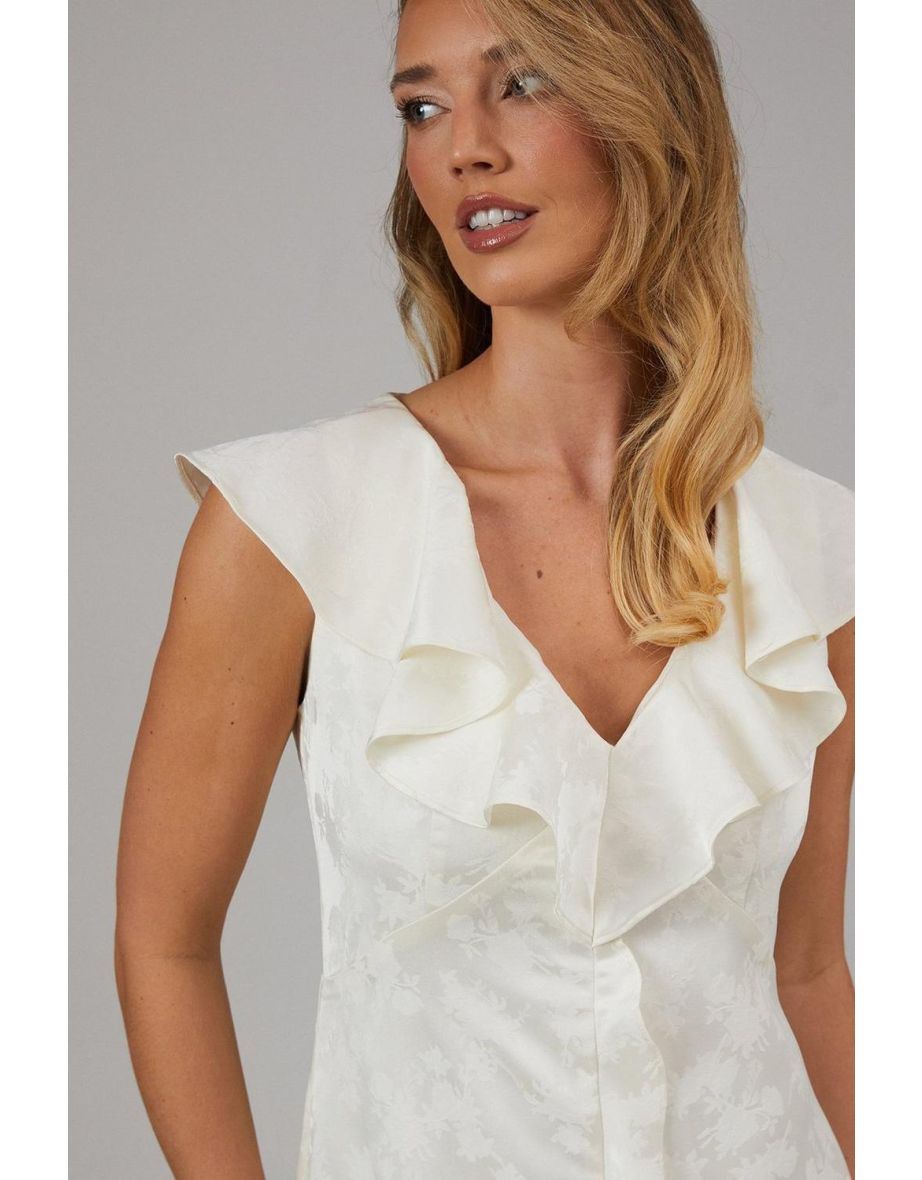 Satin Jacquard Ruffle V Neck Bridesmaids Dress - 3