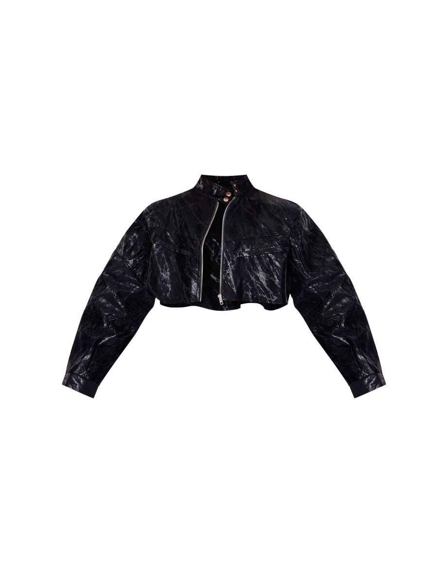Black Sheen Look Panelled Cropped Biker Jacket - 4