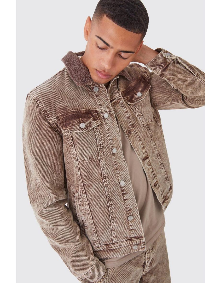 Shop Acid Wash Cord Jacket With Borg Collar In Chocolate Online in Qatar VogaCloset