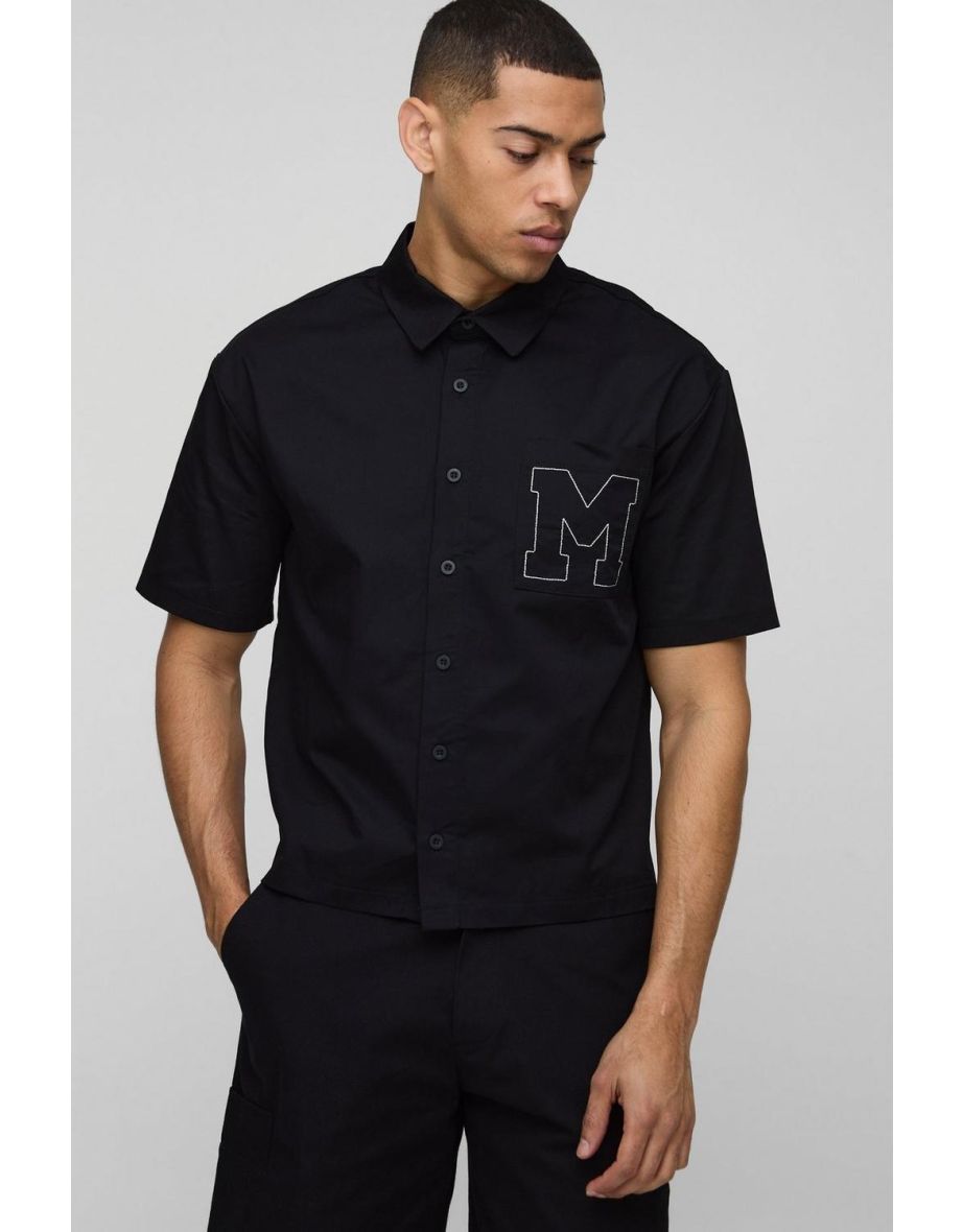 Oversized Boxy Short Sleeve Embroidered Shirt - black