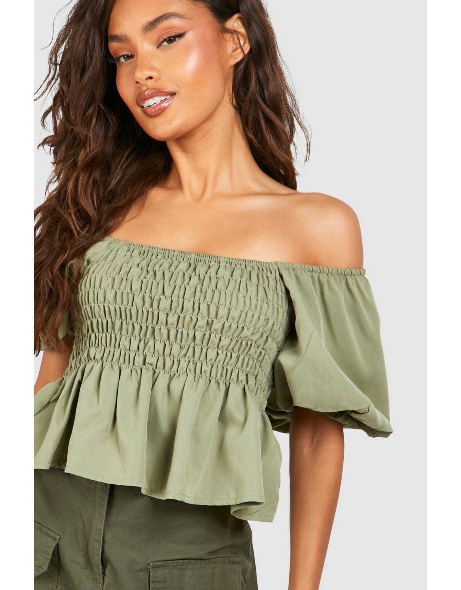 Shirred Puff Sleeve Smock Top - olive - 3