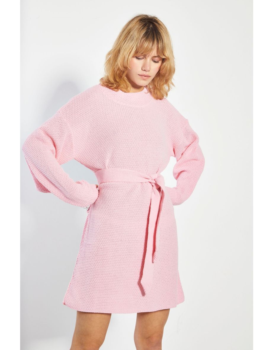 Pink Knitted Mini Dress with Long Sleeve