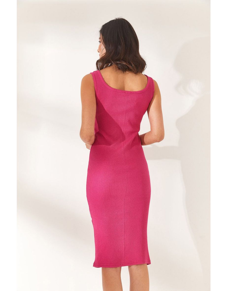 Women's Fuchsia Thick Strappy Lycra Midi Dress - 5