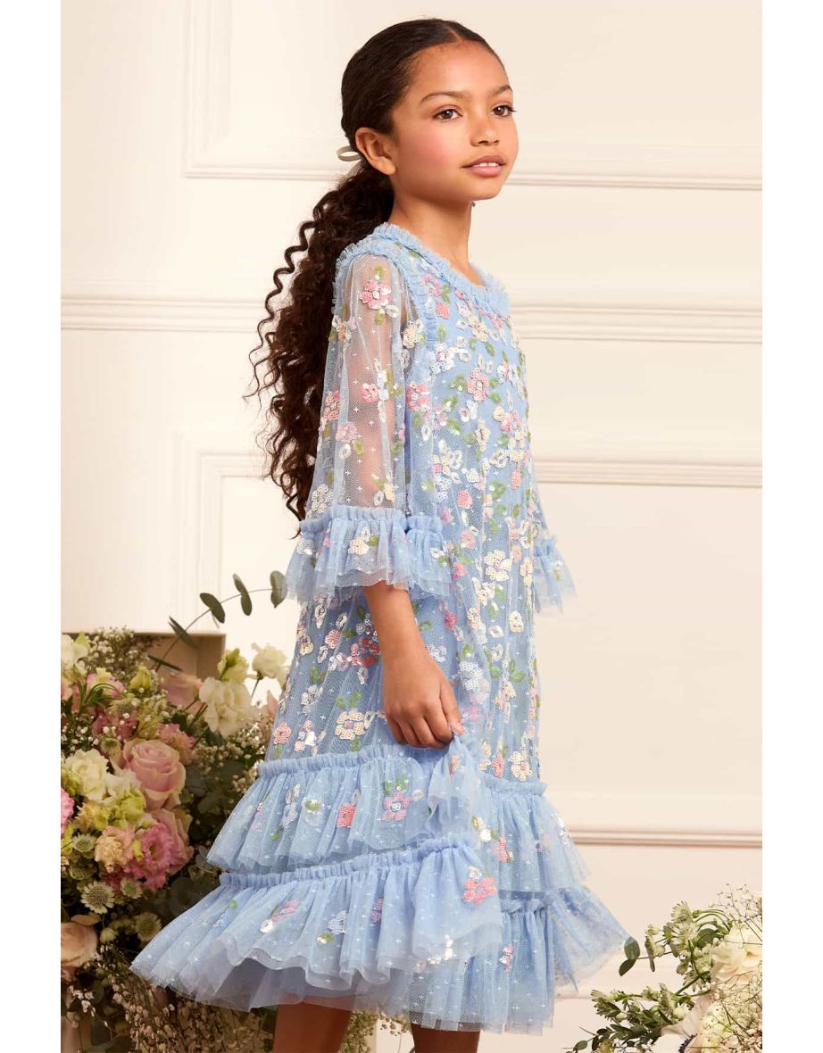 Girls Tulle Sequin Bloom Dress in Blue