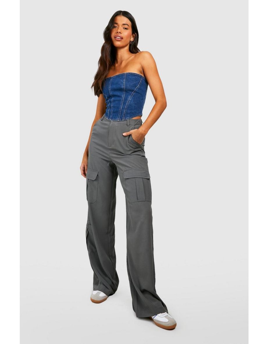 Tall Pocket Detail High Waisted Wide Leg Cargo Trousers - charcoal