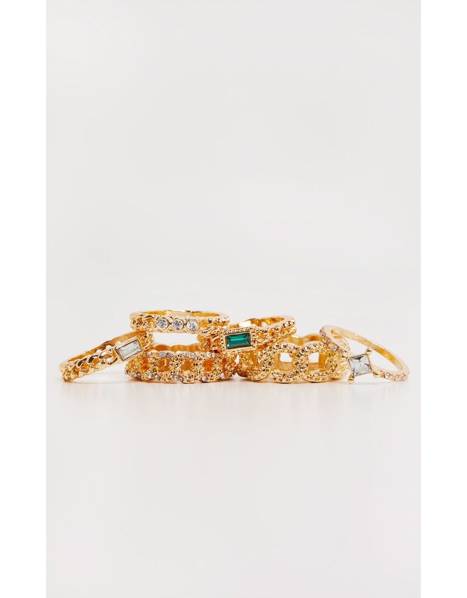 Gold Crystal Multi Chain Six Pack Stacking Rings - 2