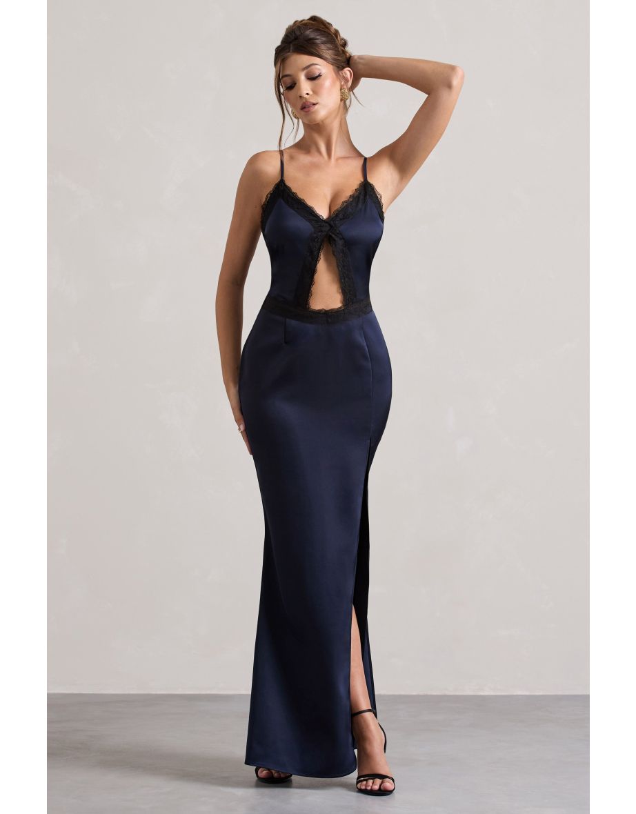 Brescia | Navy Satin Cut-Out Maxi Dress With Lace Trim - 4
