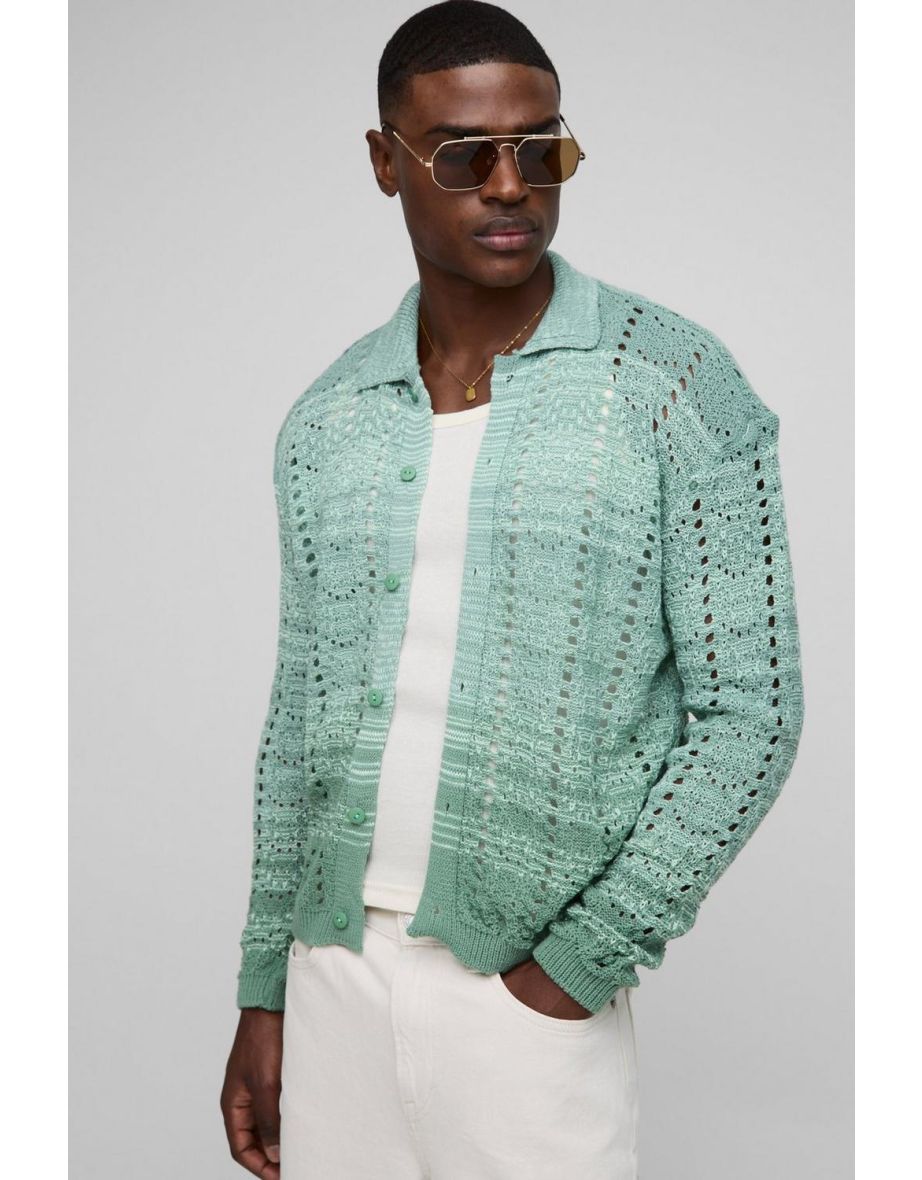 Regular Fit Ombre Stripe Crochet Knitted Shirt - green