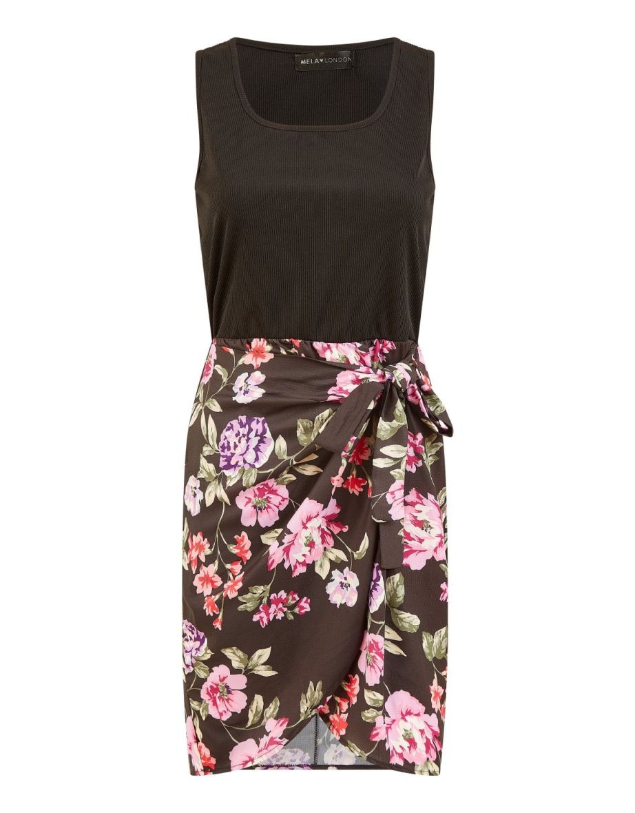 Mela Black Floral Jersey Stretch Top and Woven Skirt Wrap Dress - 4
