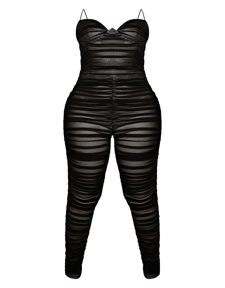 Plus Black Ruched Mesh Underwire Jumpsuit - 2