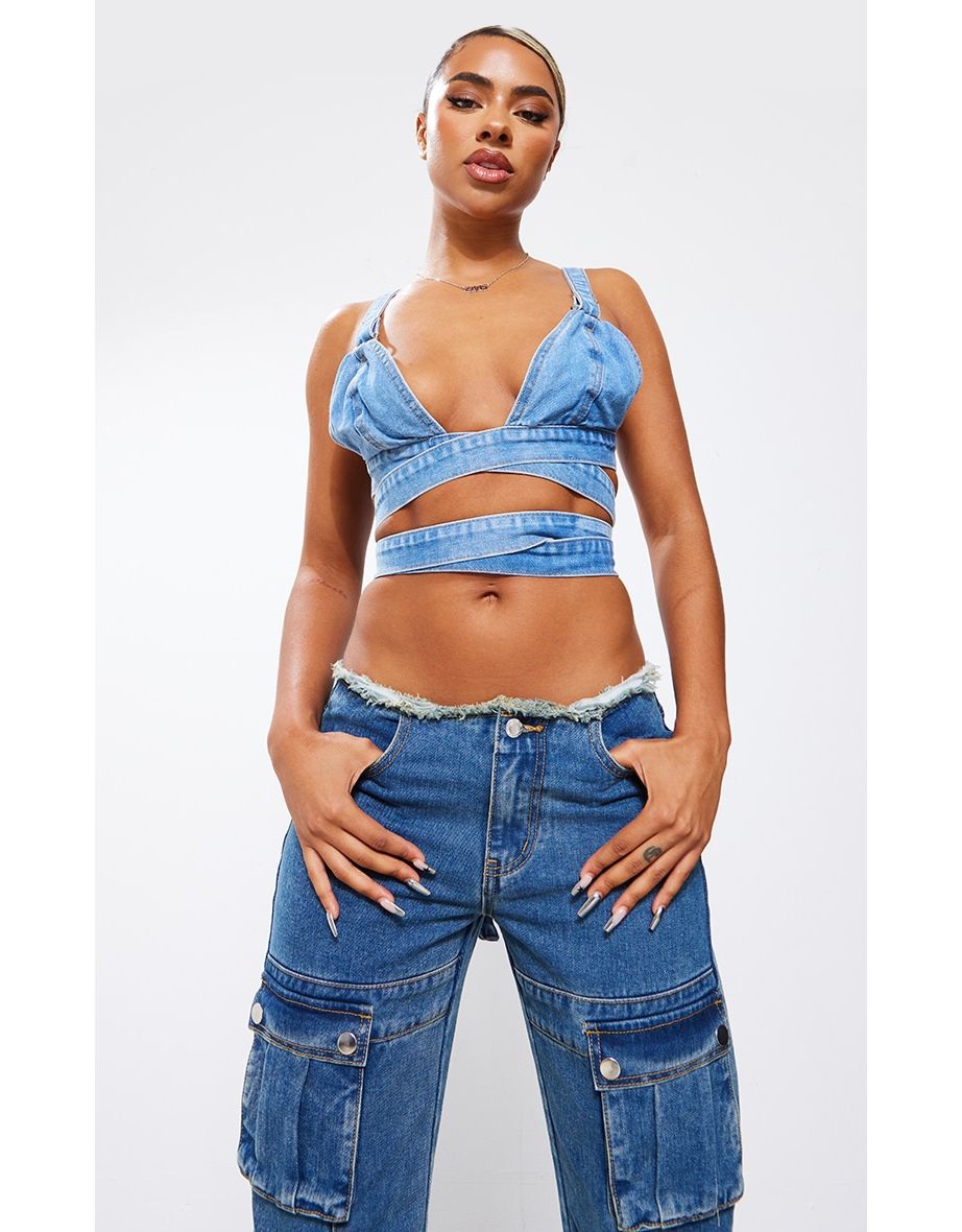 Indigo Blue Wash Tie Denim Bralette