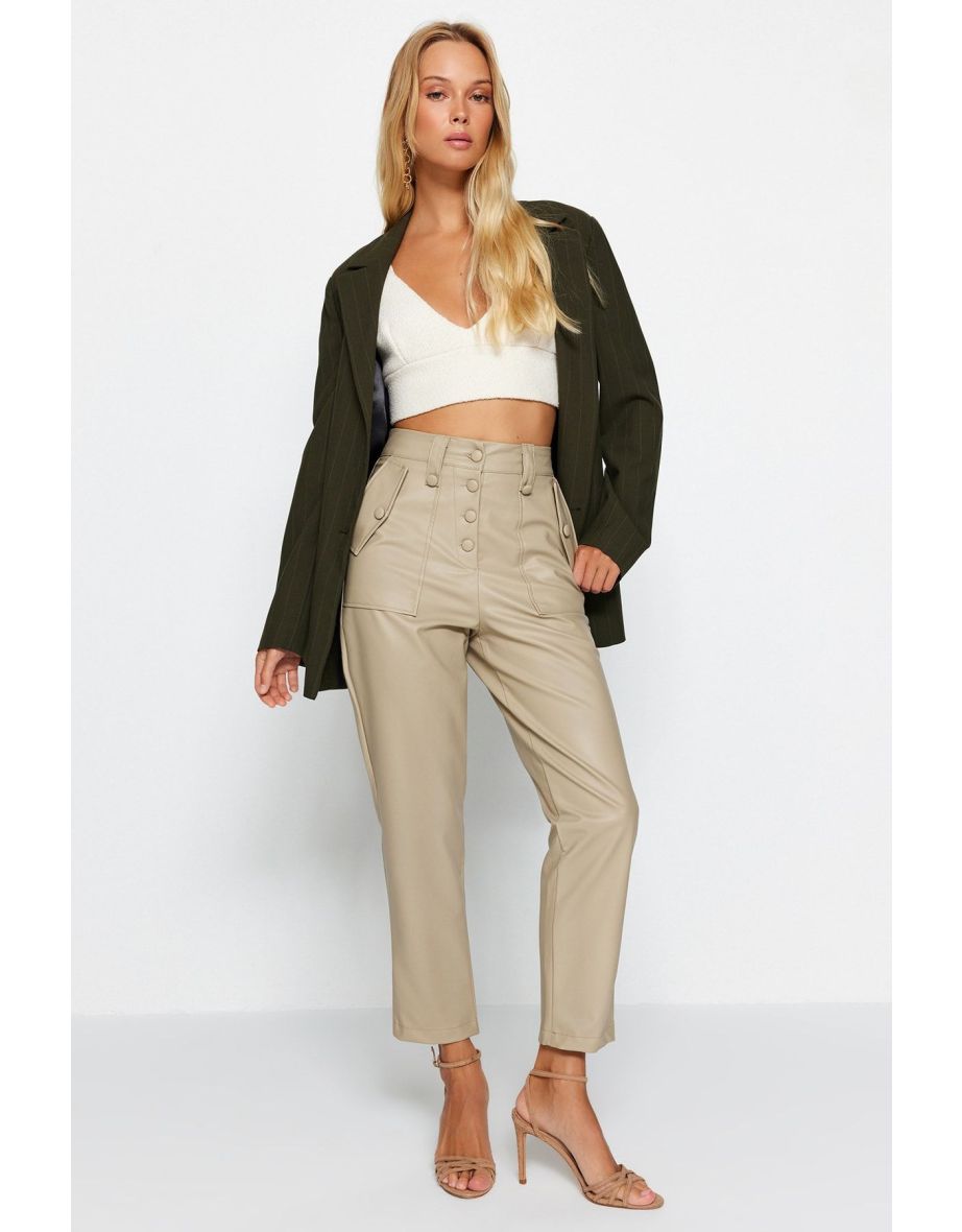 Limited Edition Mink Carrot Woven Faux Leather Trousers with Front Buttons