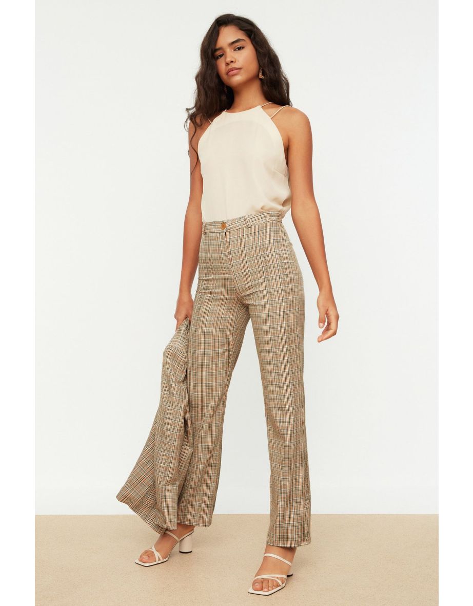 Beige High Waist Straight/Straight Fit Woven Plaid Trousers