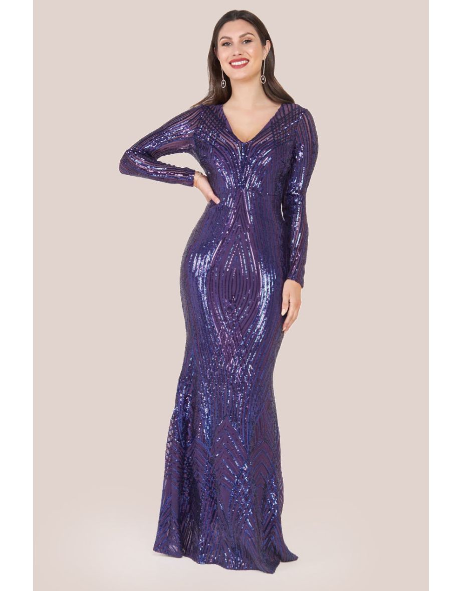 Goddiva Two Toned V Neck Sequin Maxi - Purple