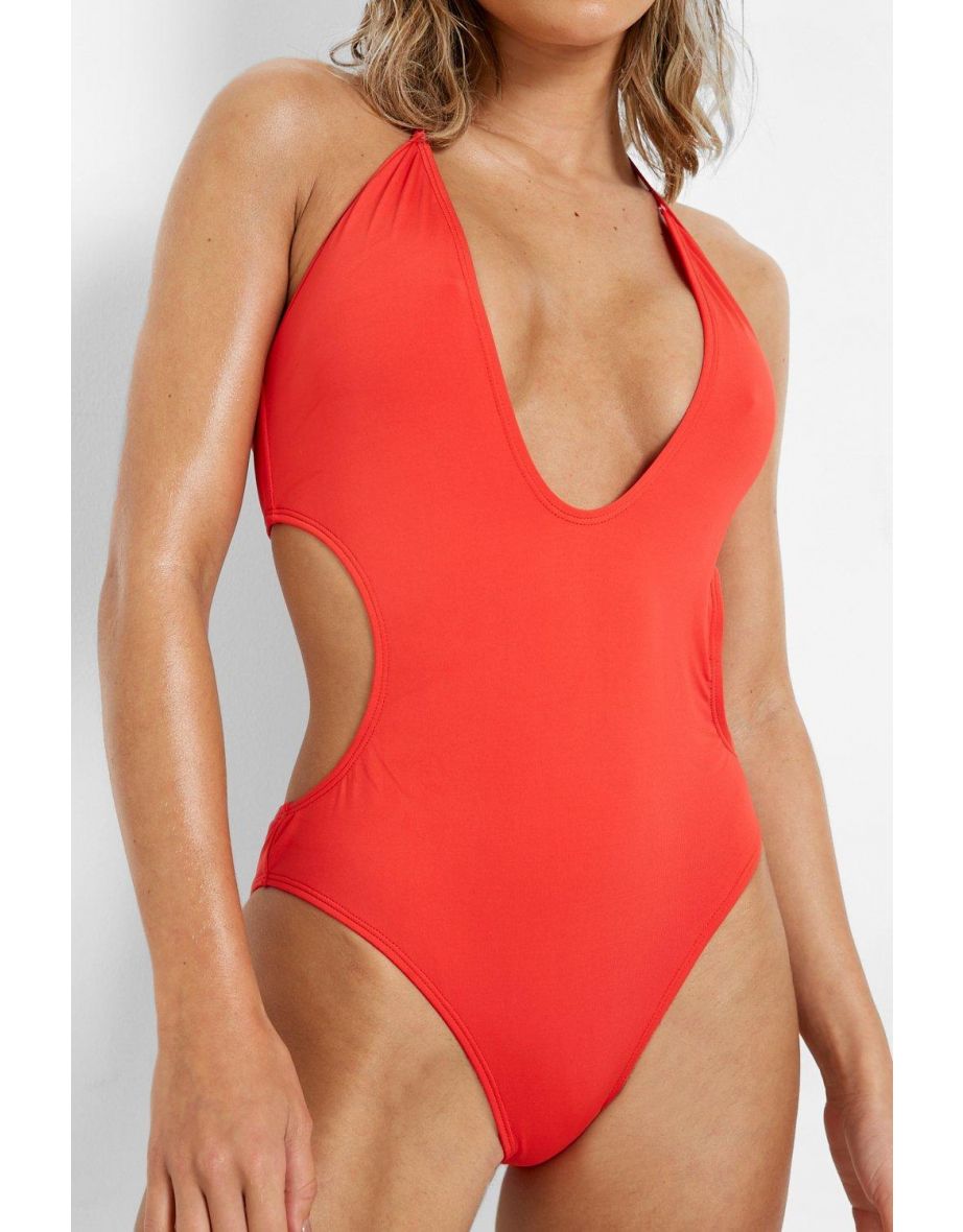 Deep Plunge Cut Out Recycled Swimsuit - red - 3