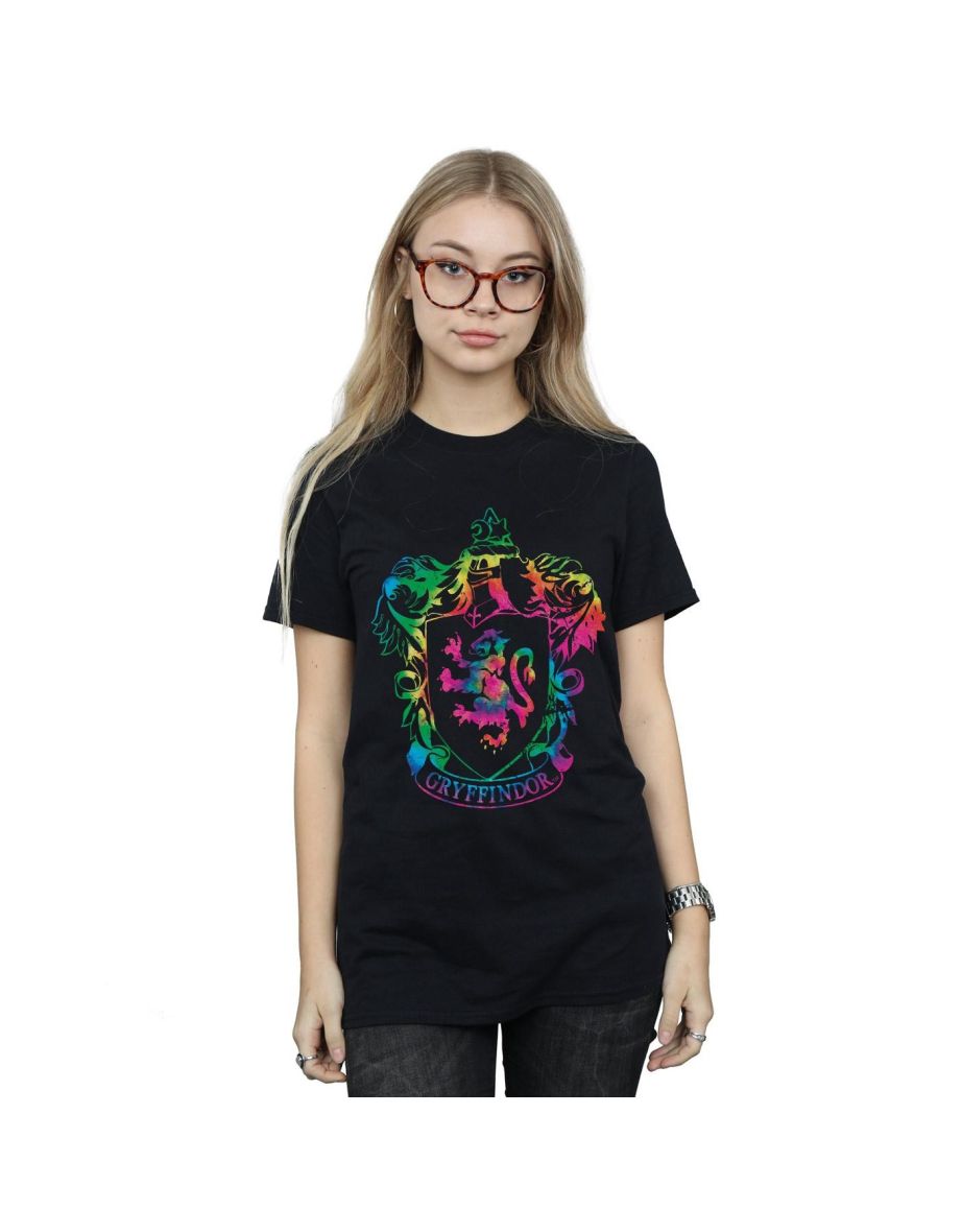 Harry Potter Womens/Ladies Gryffindor Crest Tie Dye Infill Cotton Boyfriend T-Shirt - Black