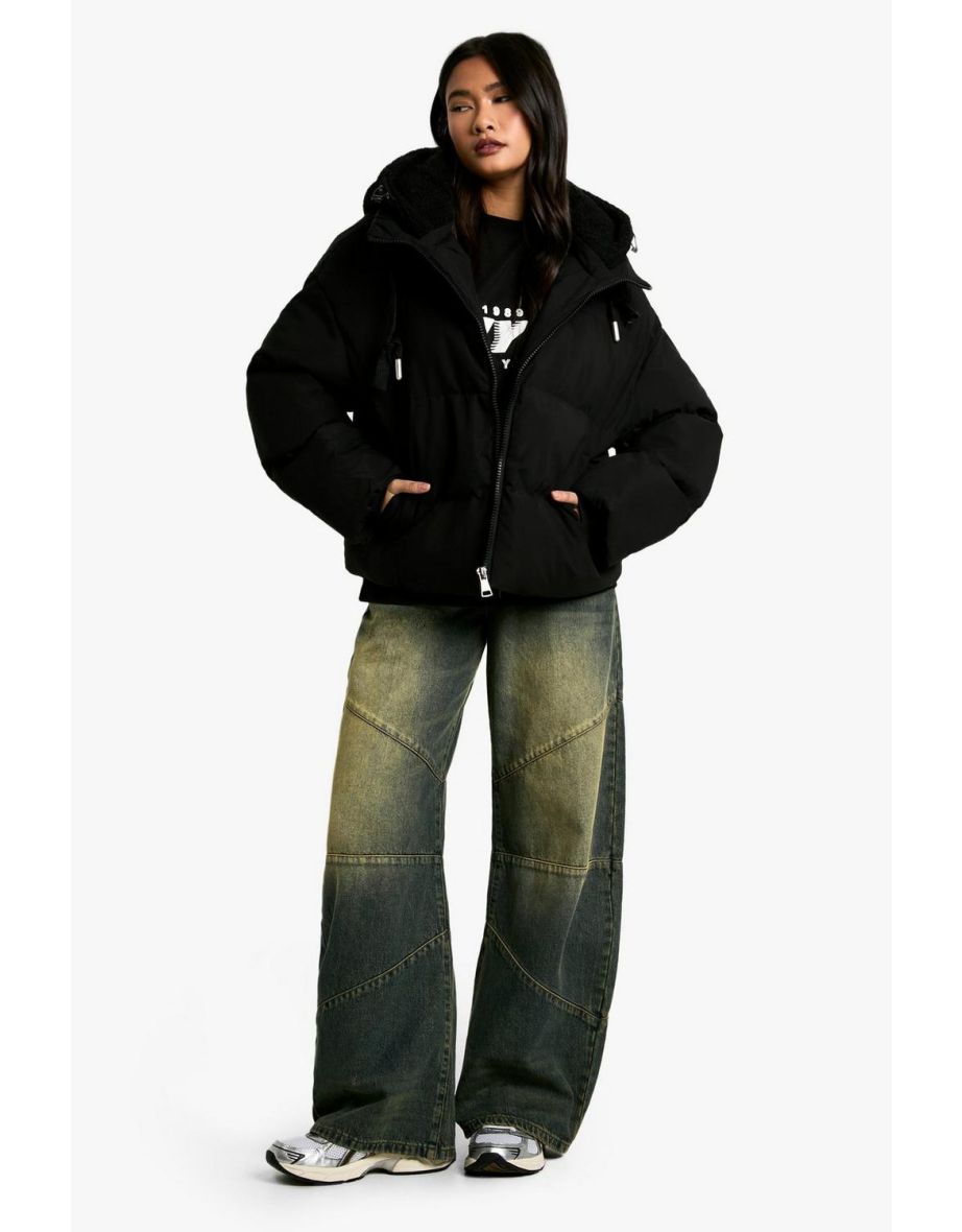Faux Fur Hooded Puffer Jacket - black