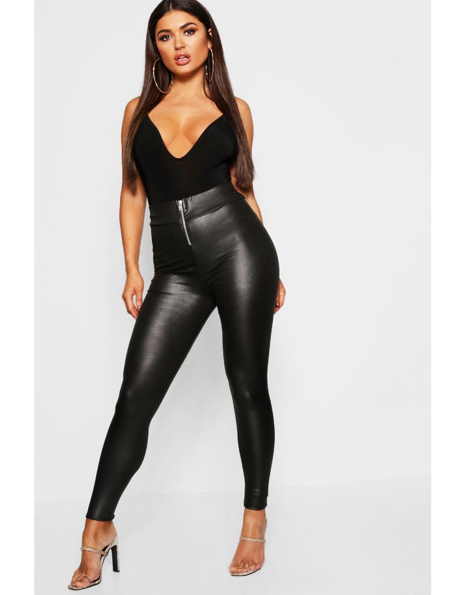 Zip Front Wet Look Leggings - black