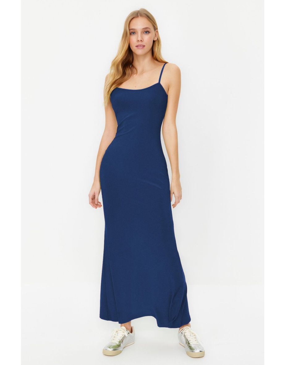 Indigo Maxi Bodycone/Body Fitted Strappy Stretch Knit Dress