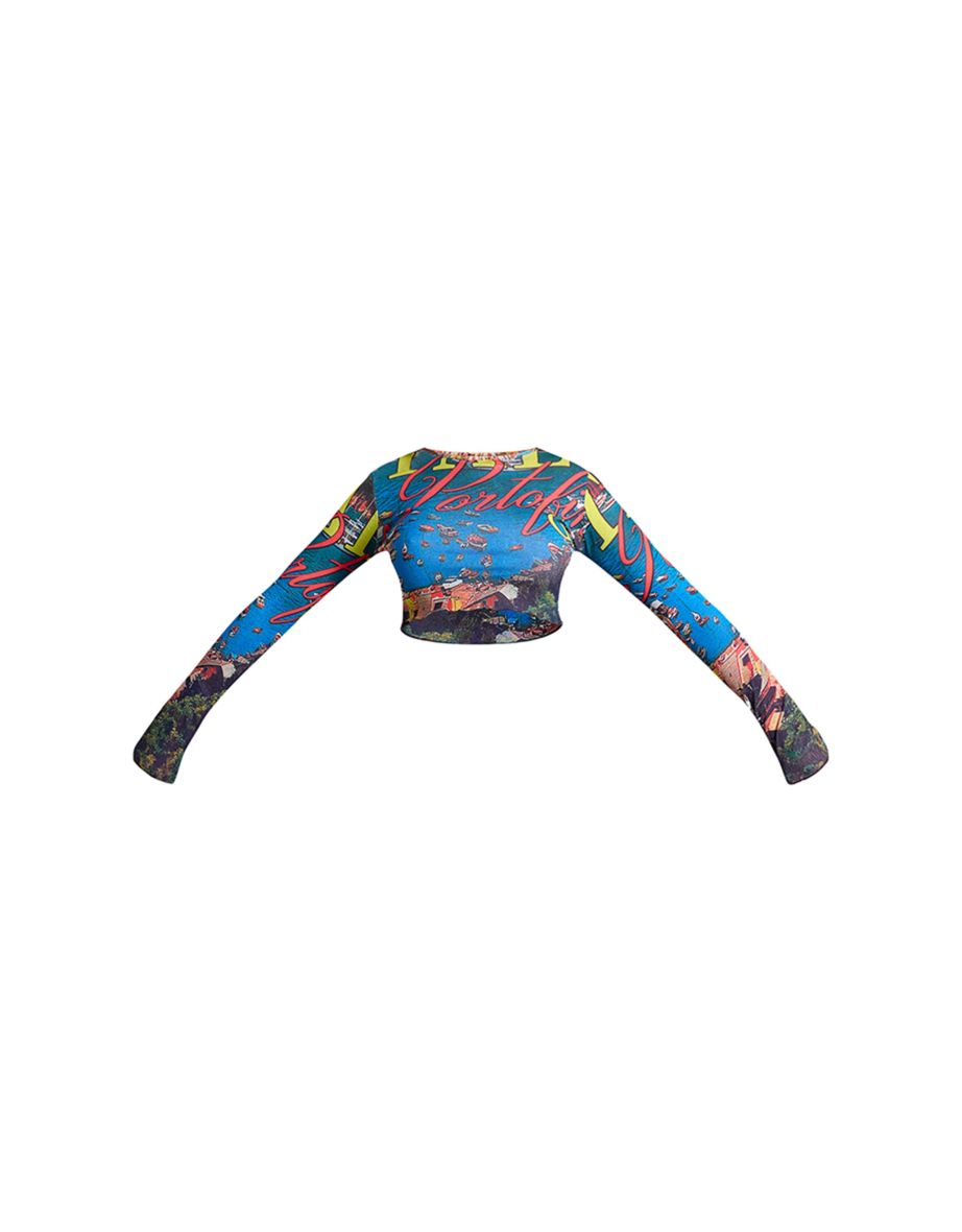 Blue Landscape Graphic Flared Sleeve Crop Top - 4