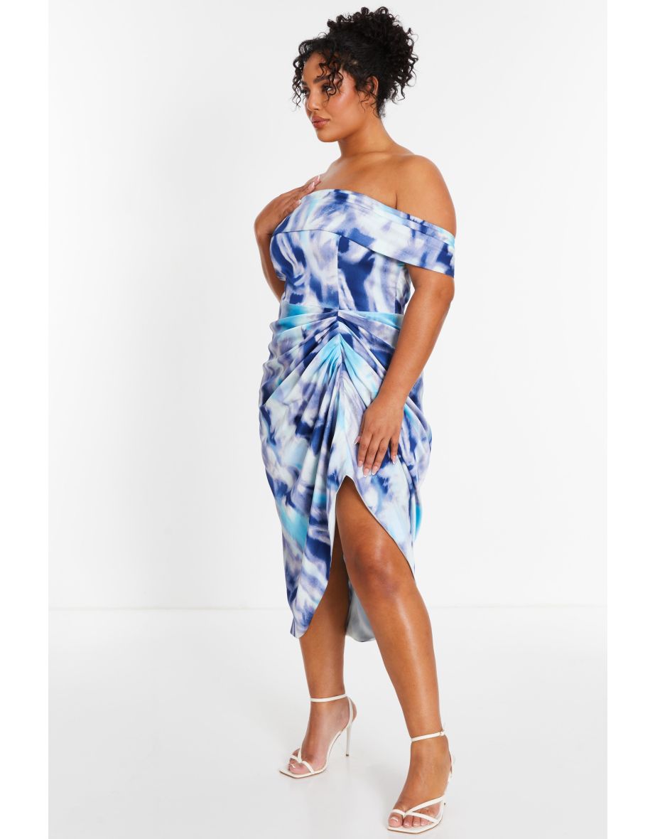 Curve Blue Marble Print Bardot Midaxi Dress