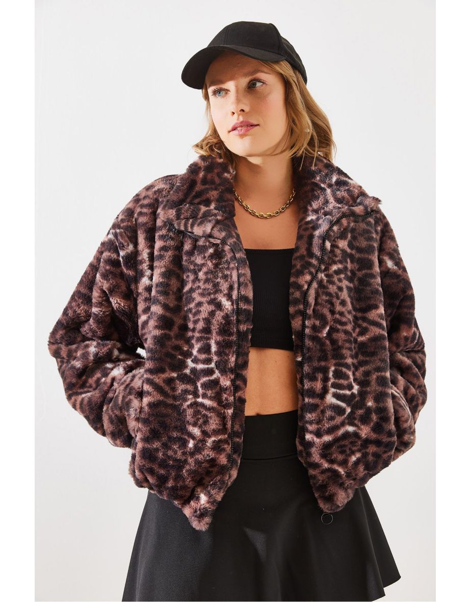 Women's Leopard Pattern Faux Fur Coat - 5