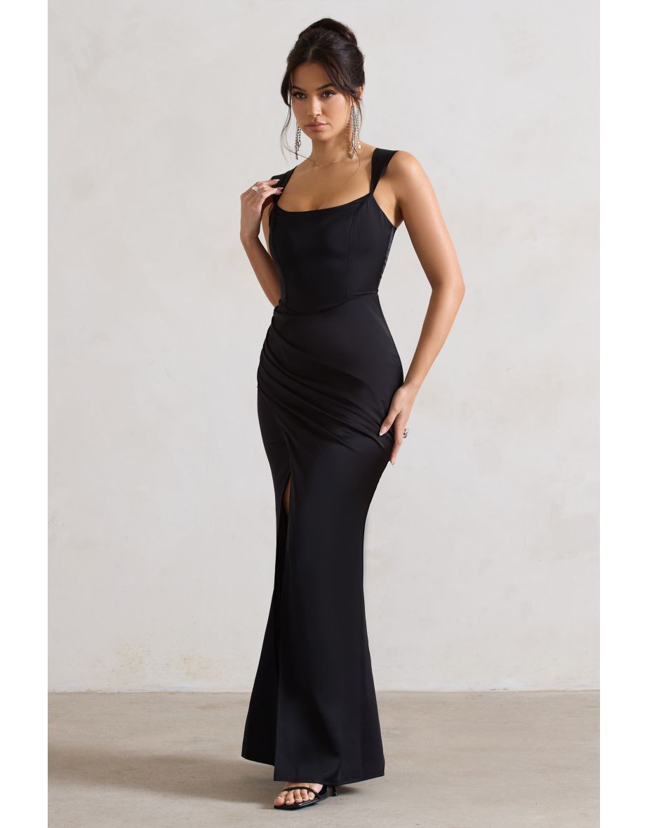 A Romantic | Black Satin Corset Wrap Maxi Dress - 4