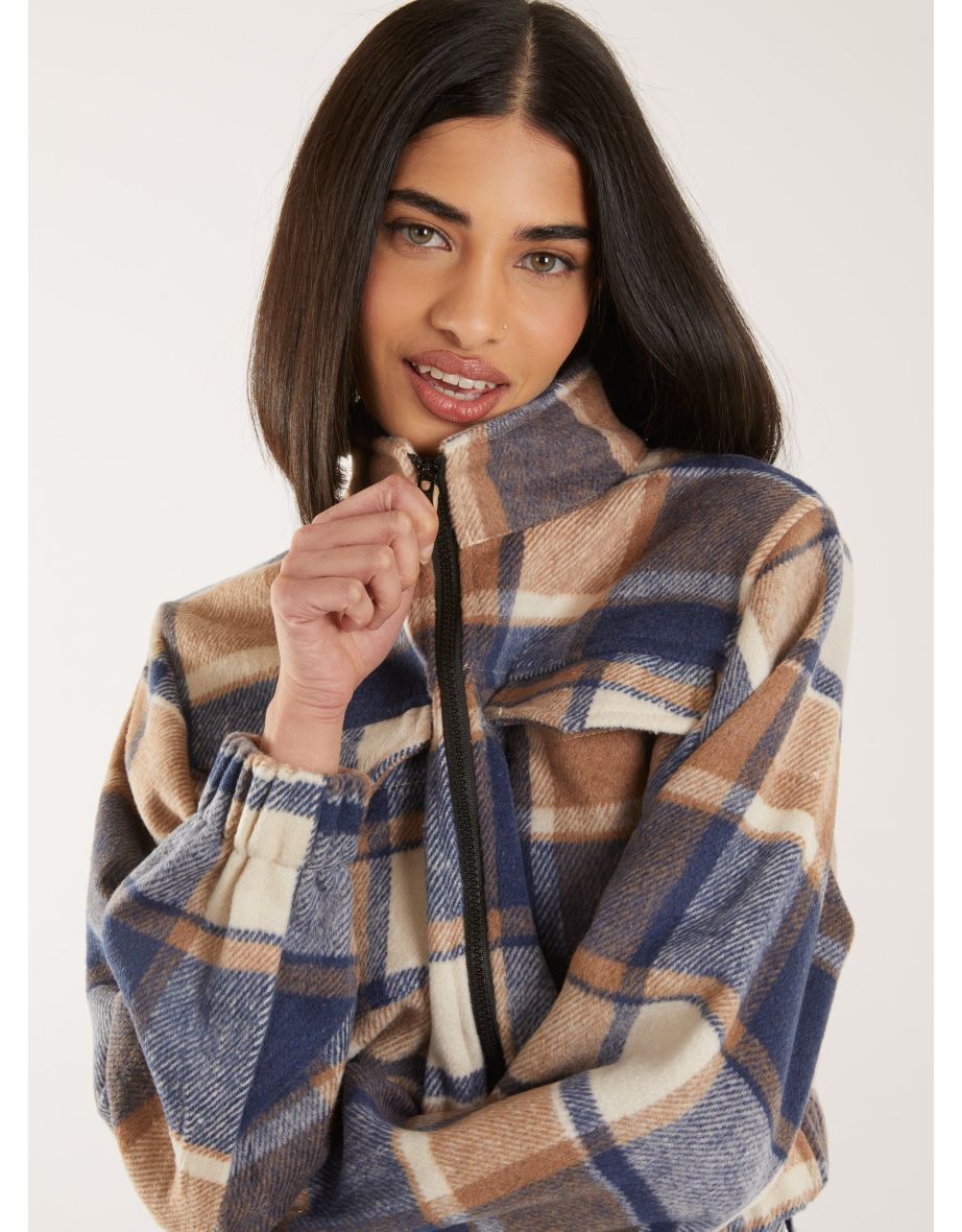 Shop Cropped Tartan Style Fleece Jacket Online in Qatar VogaCloset