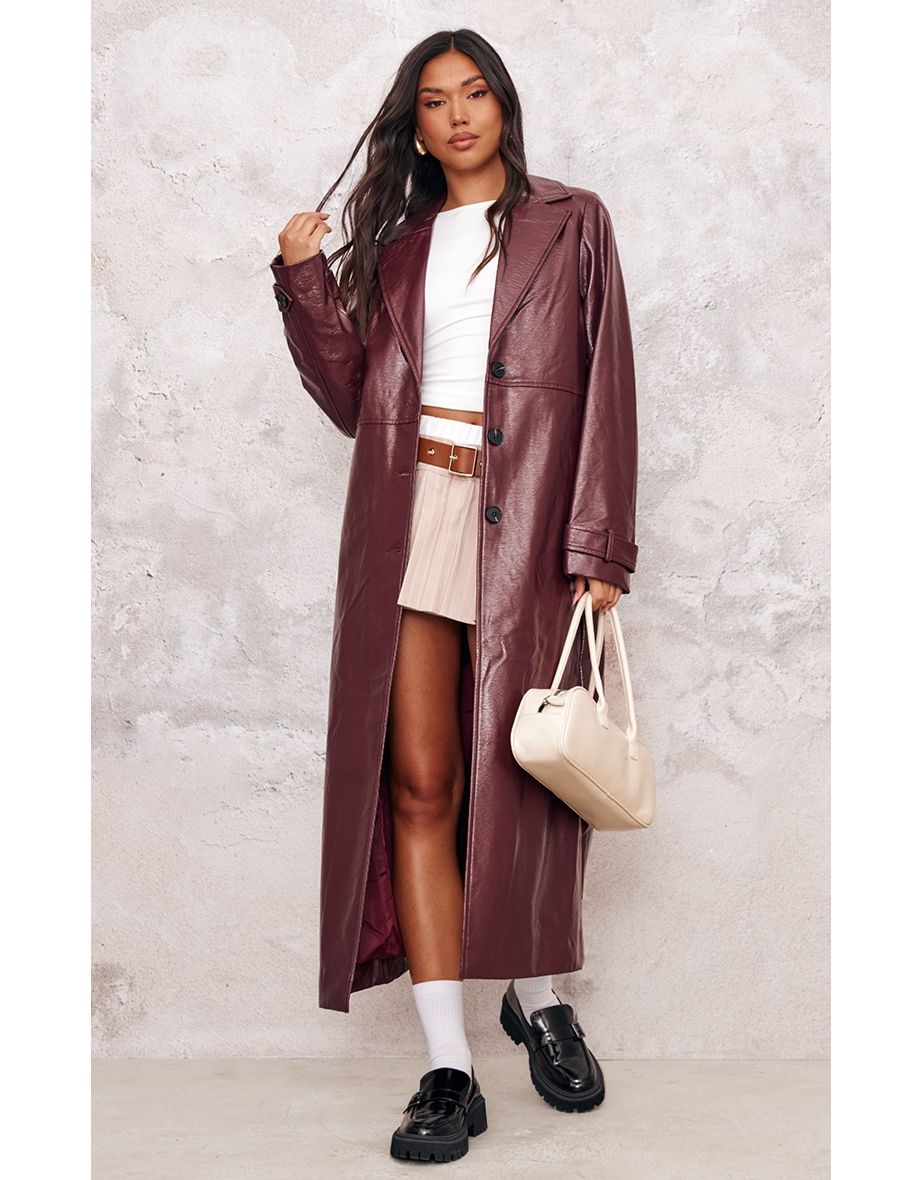 Burgundy High Shine Textured Faux Leather Maxi Coat