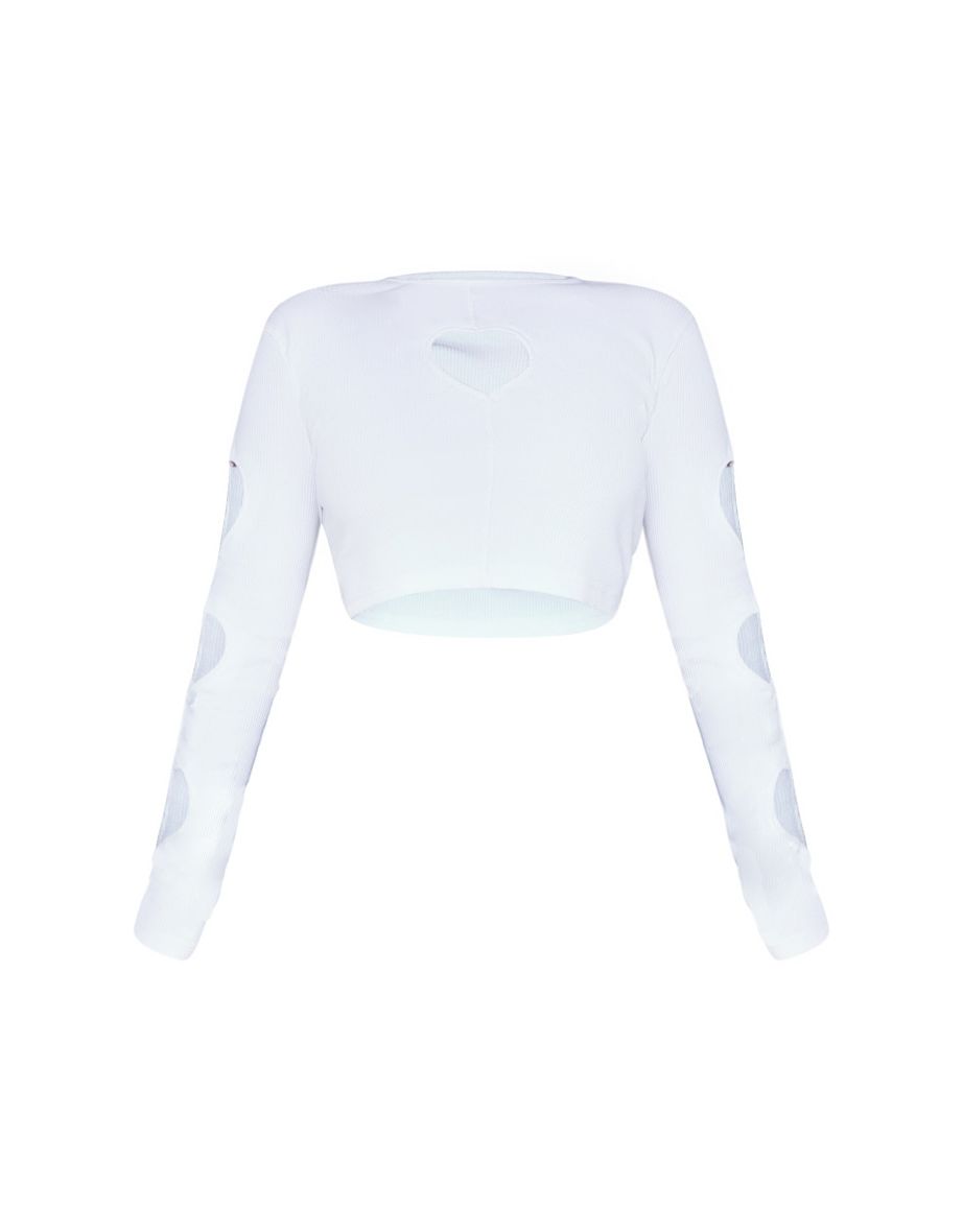 White Heart Cut Out Long Sleeve Crop Top - 4