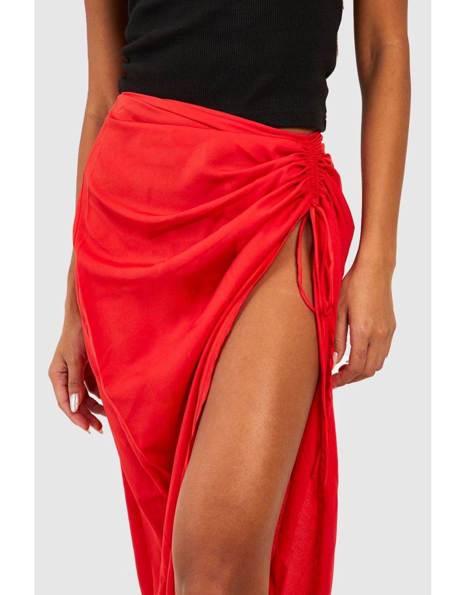 Ruched Split Side Midi Skirt - tomato - 3