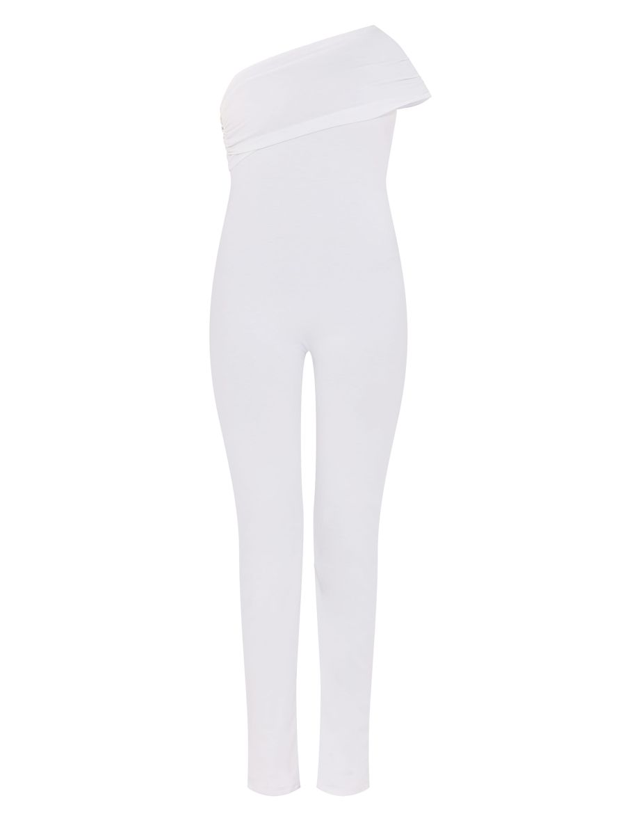 Cream Double Layer Contour Jersey Asymmetric Ruched Detail Jumpsuit - 4