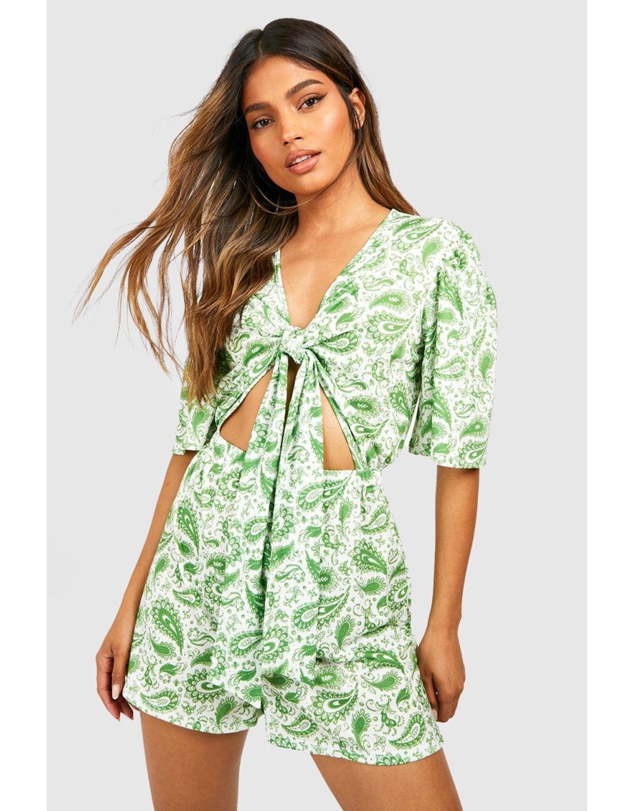 Paisley Print Tie Detail Playsuit - green