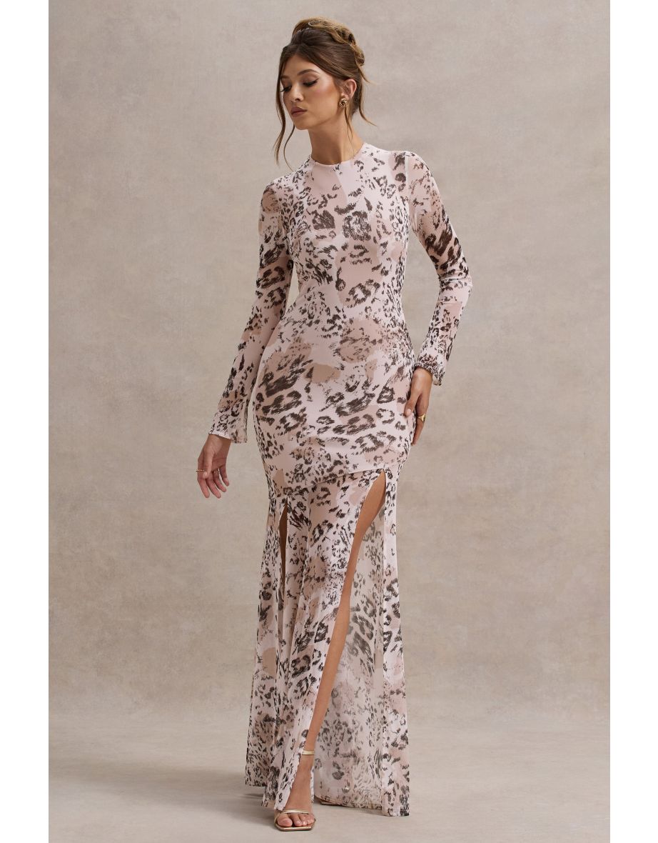 Tigerlily | Leopard Print Mesh Long-Sleeve Open-Back Floor Length Dress