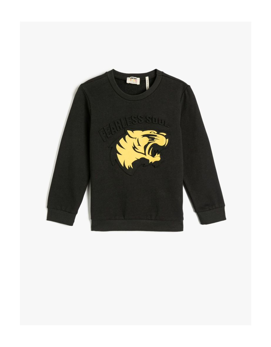 Sweatshirt Tiger Printed Embossed Detailed Raised Crew Neck