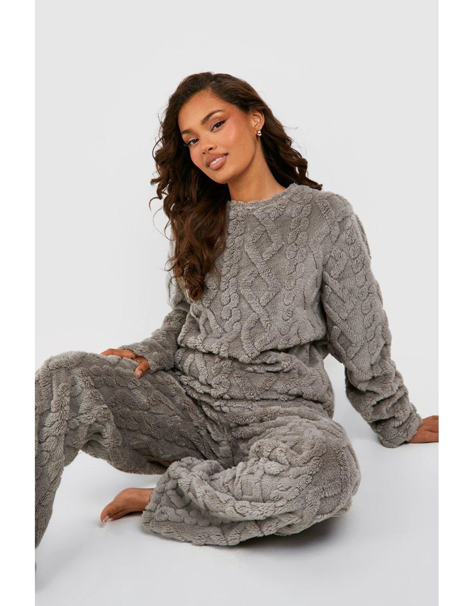 Cable Knit Fleece Lounge Sweatshirt - grey - 3