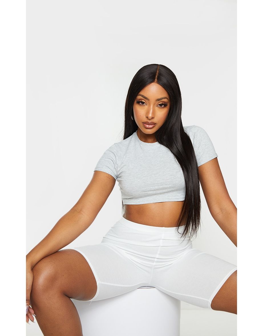 Essential Grey Marl Roll Sleeve Crop T Shirt