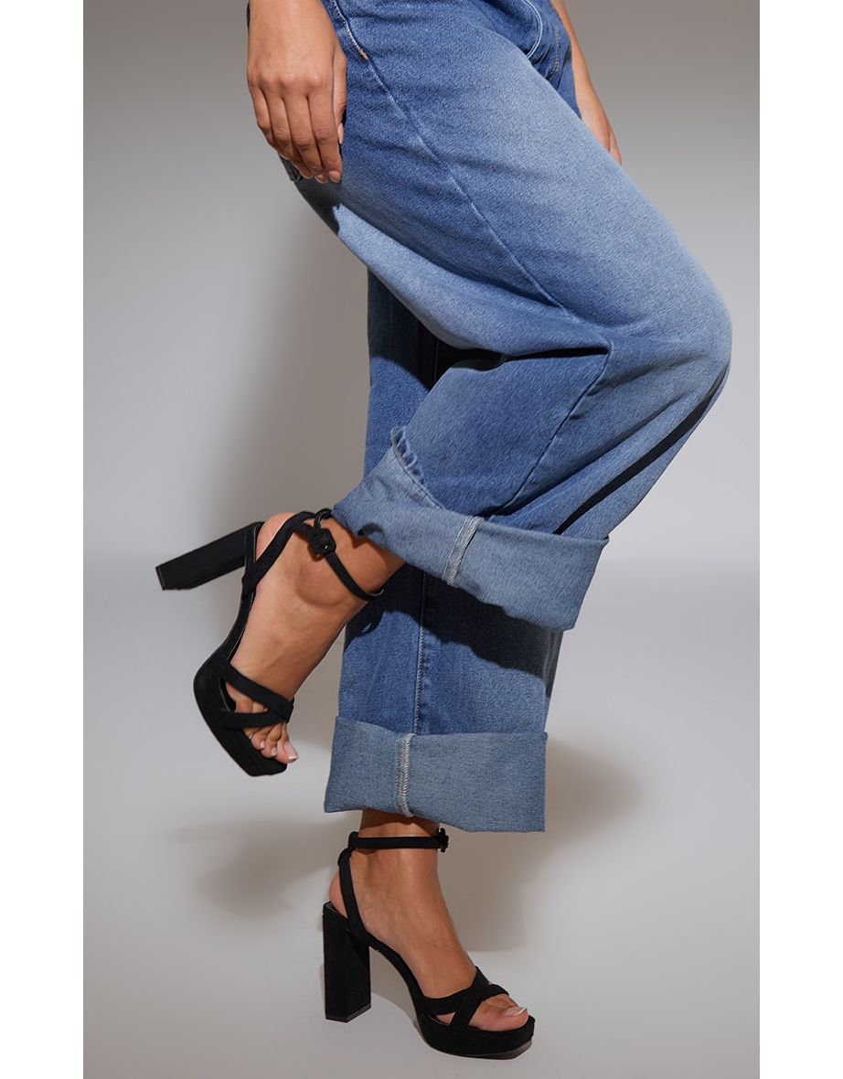 Black Faux Suede Square Toe Lace Up Flat Chunky Heeled Platforms