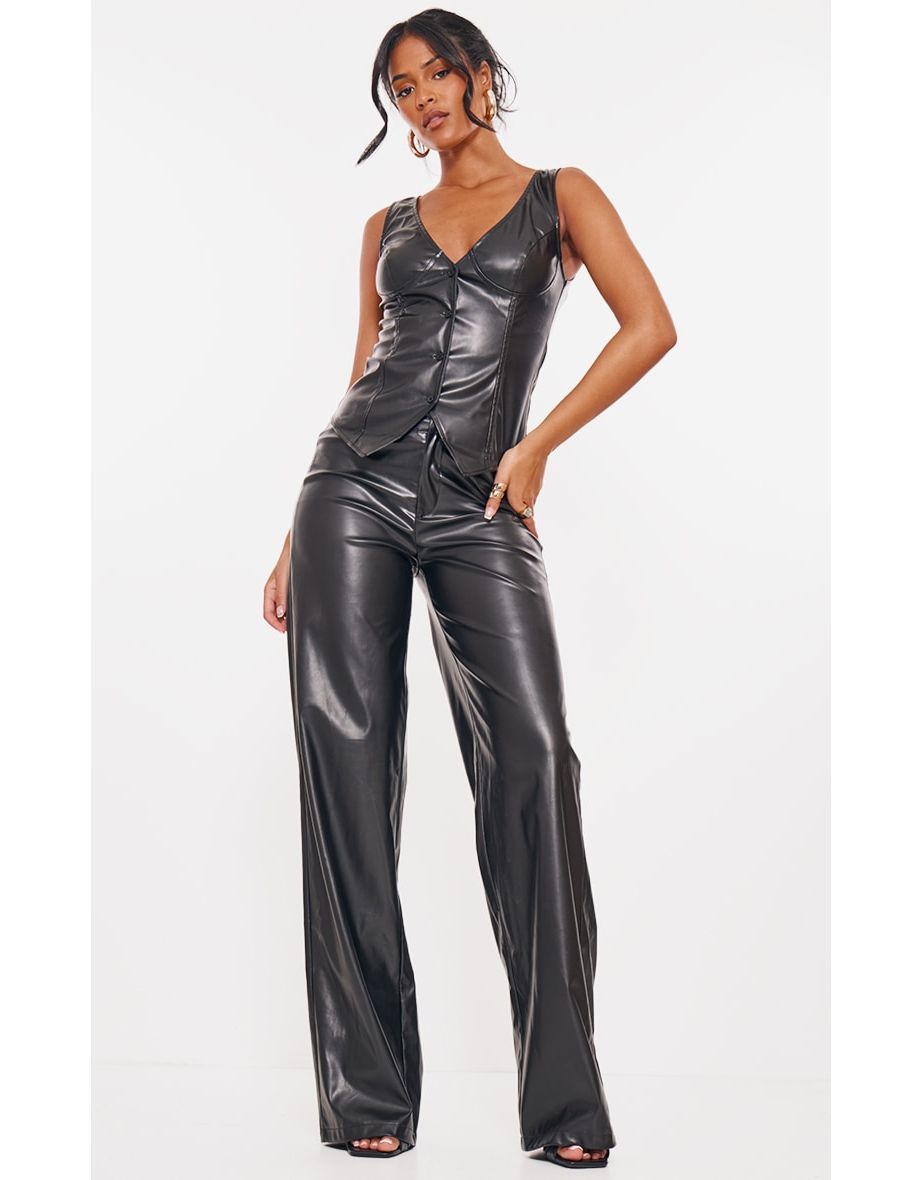 Tall Black Faux Leather Mid Rise Wide Leg Trousers
