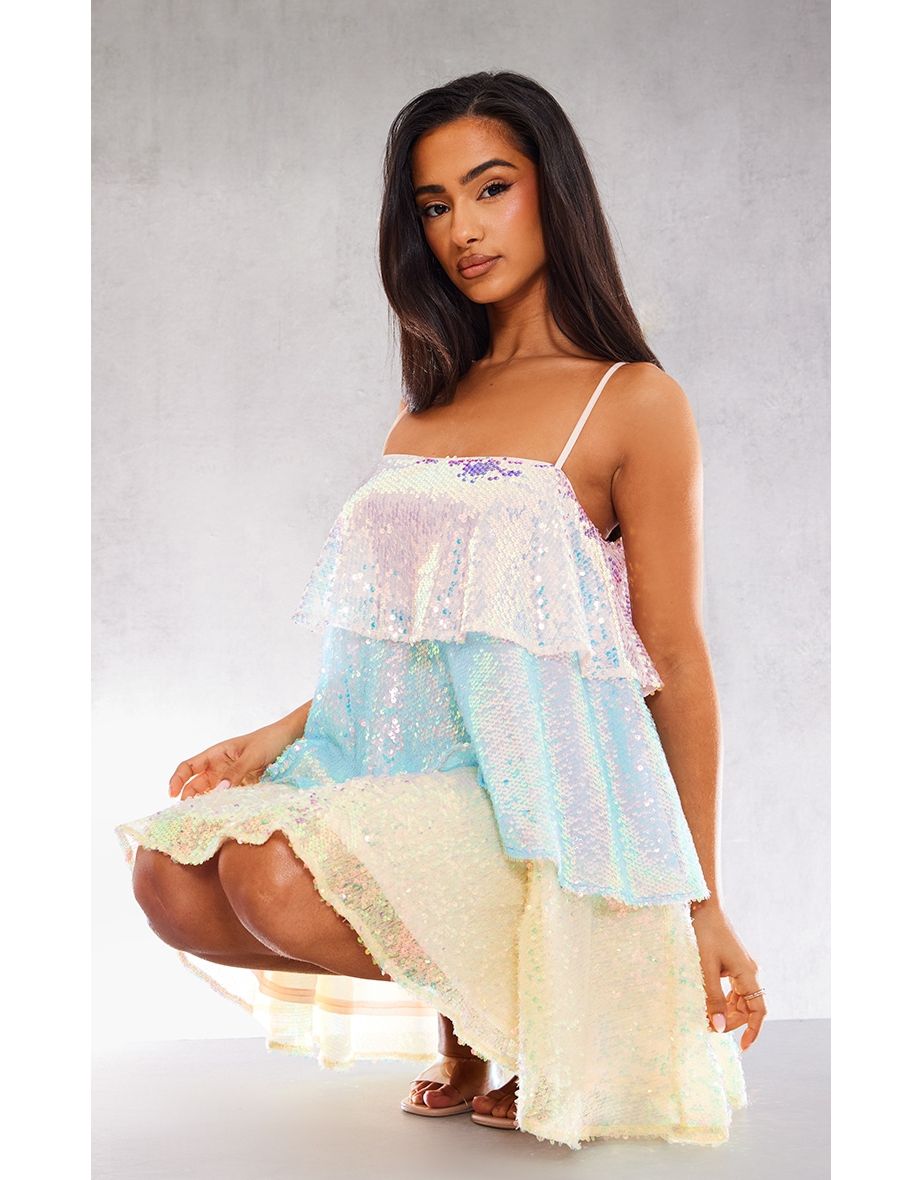 Petite Multi Sequin Tiered Ruffle Mini Dress