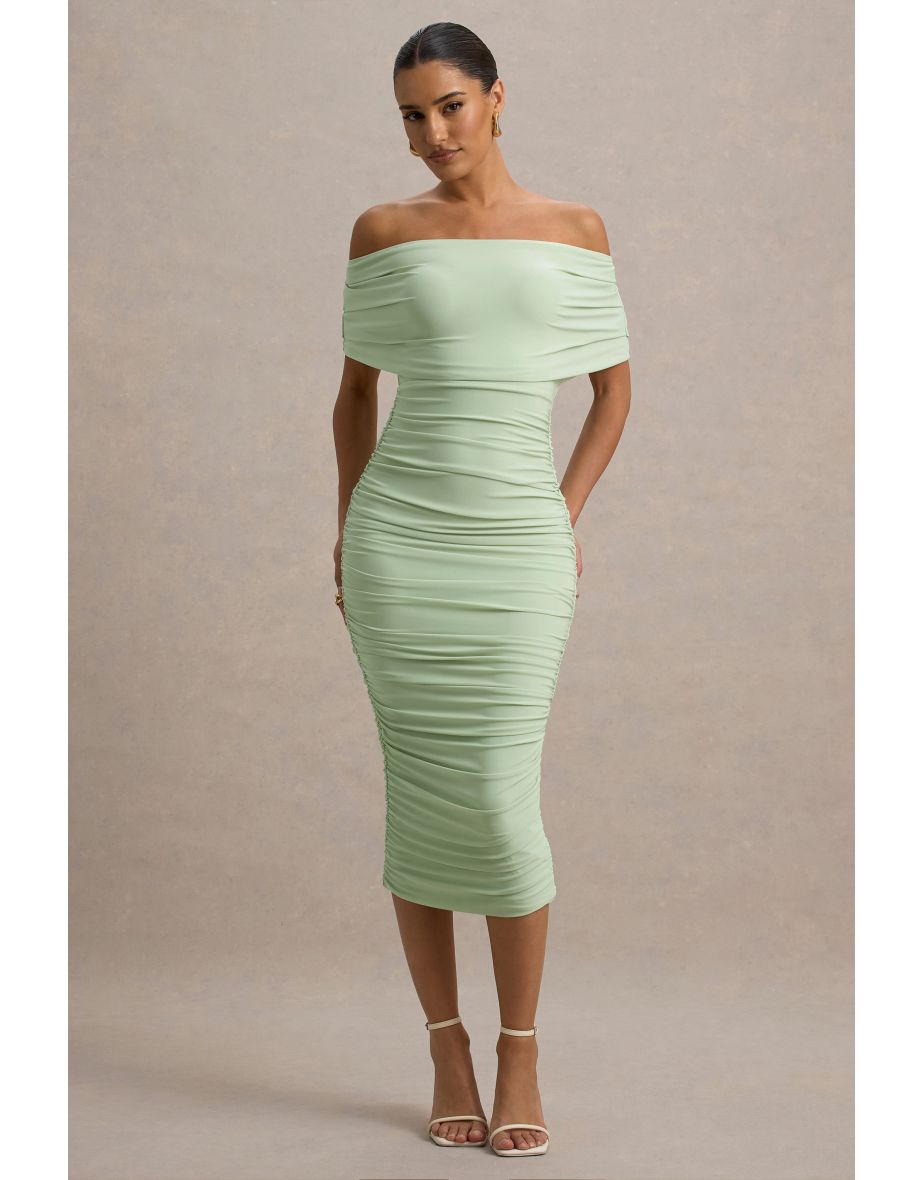 Rayleigh | Light Green Bardot Ruched Midi Dress