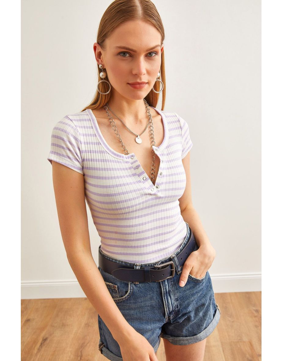 Women's Thick Ribbed Lilac Snap Camisole Blouse