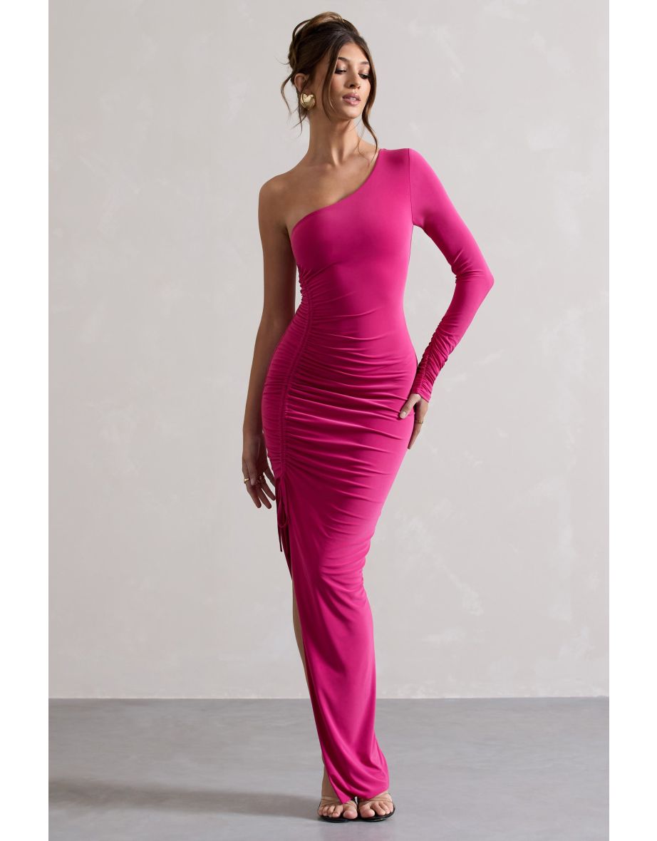 Anima | Dark Pink Asymmetric Ruched One-Sleeve Maxi Dress - 4