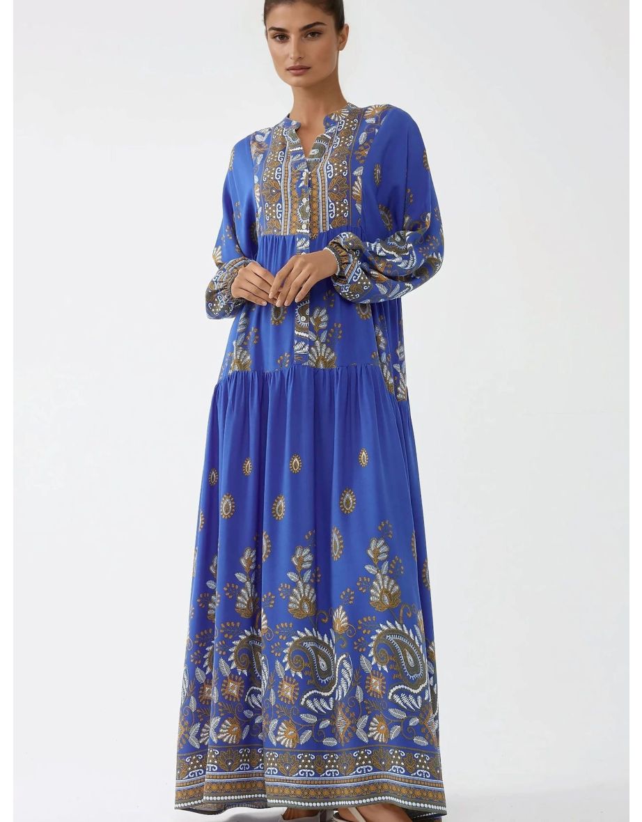 Blue Floral A-Line Maxi Smock Dress with Long Sleeve