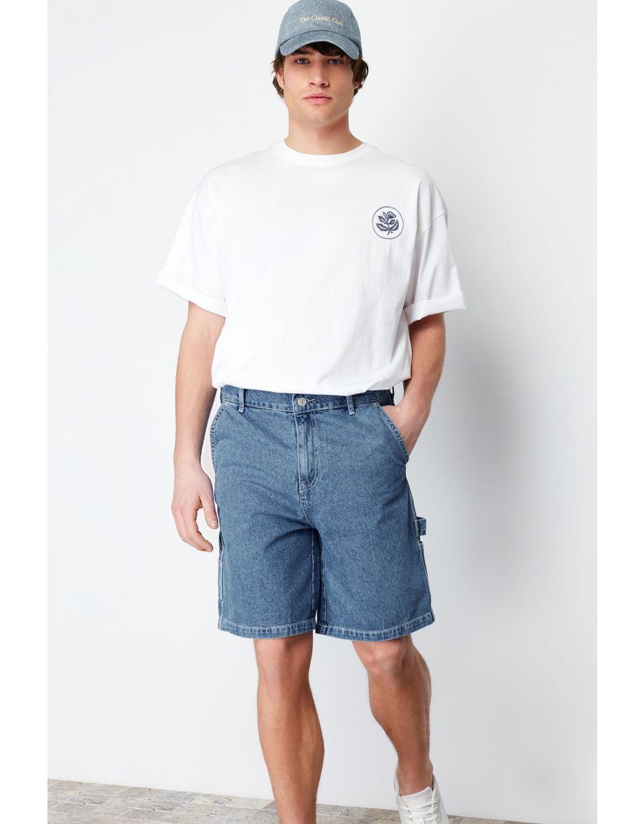 Men's Navy Blue Wide-Fit Carpenter Denim Shorts