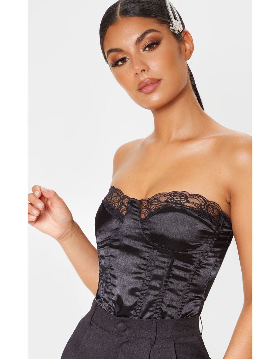 Black Lace Trim Satin Corset - 3