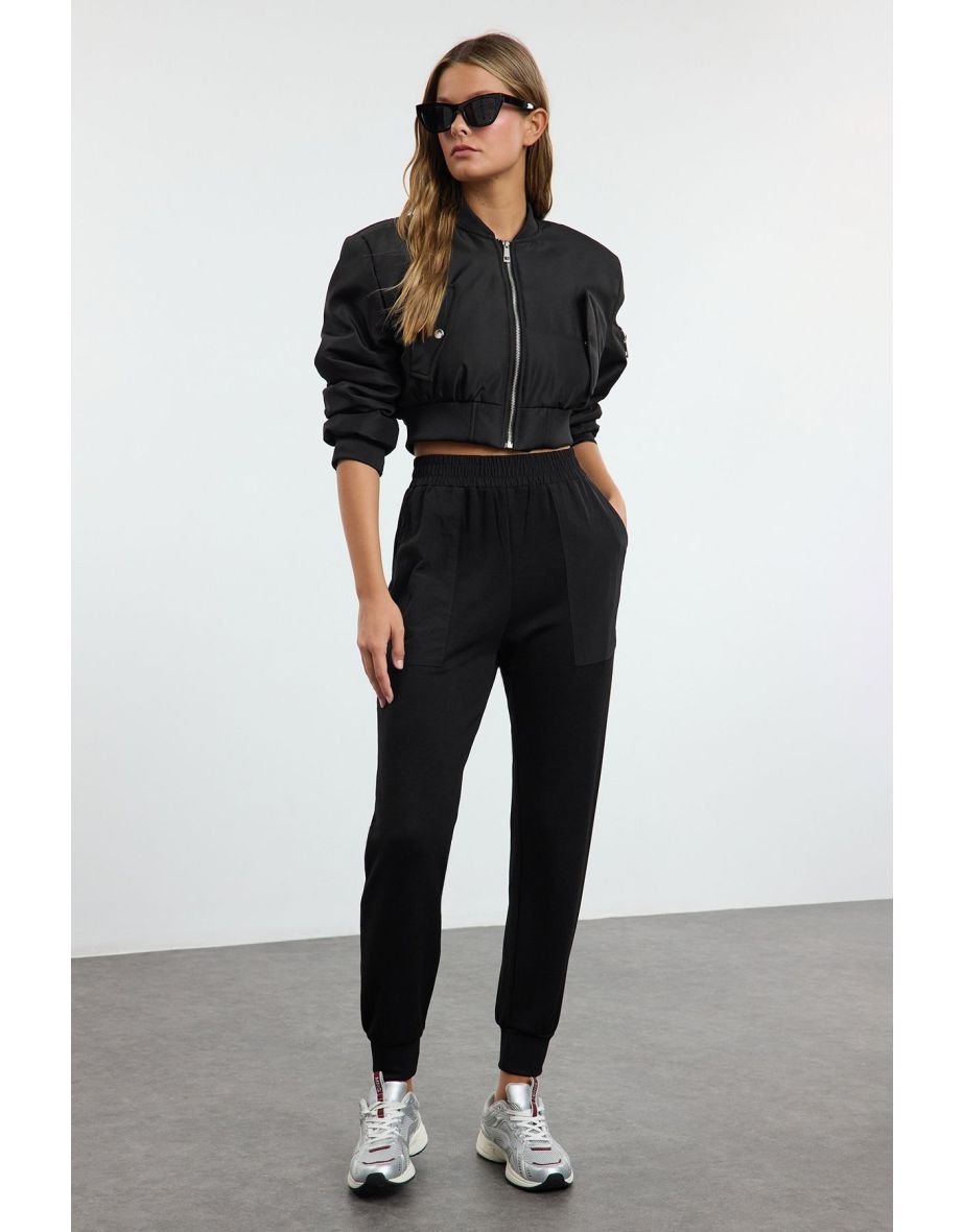 Black Parachute Pocket Detailed Straight Jogger Knitted Sweatpants