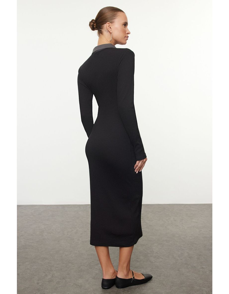 Black Color Block Bodycone/Fits on Body Snap Detail Midi Knit Dress - 4