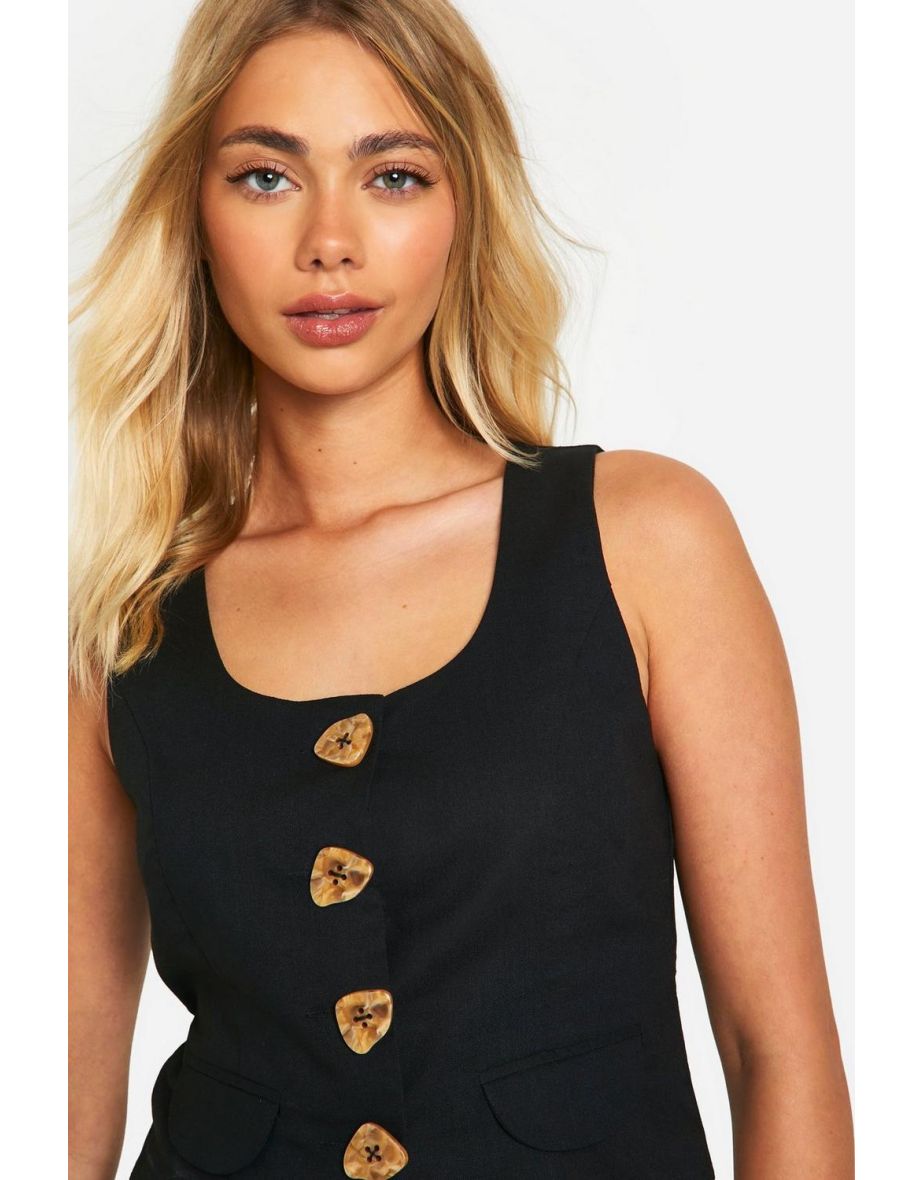Linen Look Scoop Neck Waistcoat - black - 3