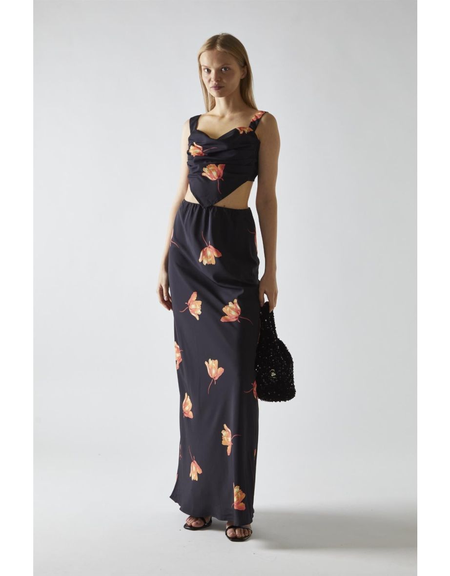 Black-Orange Flower Bias-Cut Floor Length-Skirt